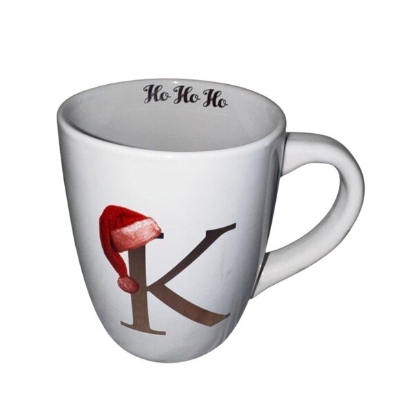 Monogram Holiday White Ceramic Mug K With Santa Hat & "Ho Ho Ho" Text - Picture 2 of 5
